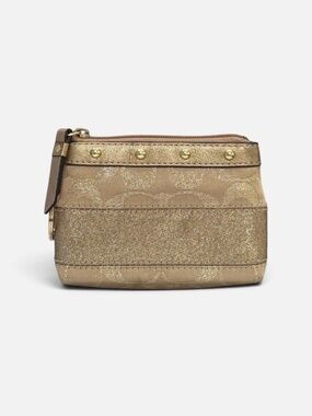 Coach Metallic Gold Signature Stripe Studded Mini Keychain Pouch Coin Purse Bag
